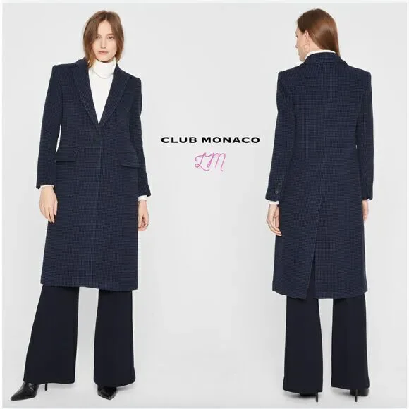 Club Monaco Slim Tailored Coat Houndstooth Navy Black Size‎ Small - Picture 2 of 11
